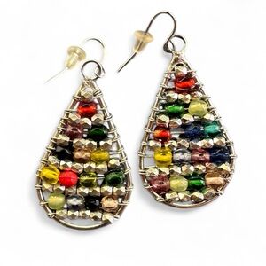 Multicolored Gold Teardrop Earrings with Artistic Beaded Design